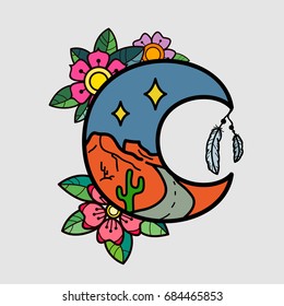 Moon with flowers and desert landscape. Old school tattoo style. Tradition tattoo ink design.