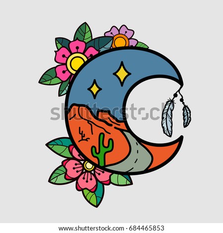 Moon with flowers and desert landscape. Old school tattoo style. Tradition tattoo ink design.
