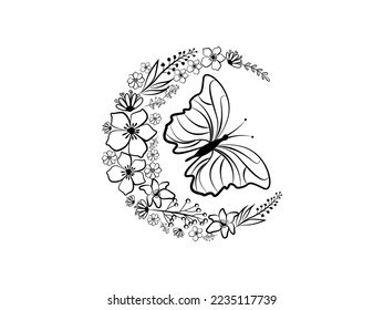 moon and flowers icon vector illustration. flowers and butterfly. boho witch and magic symbol. mystic art sign, emblem isolated on white background.
