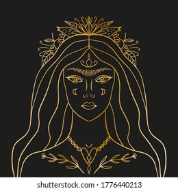 Moon flowers night goddess. Magic fairy, enchantress, shaman woman. Hand drawn portrait of a beautiful magical fairytale girl. Alchemy spirituality design concept, tattoo. Gold artwork on black