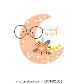 Moon with flowers nursery boho poster. Cute childish element in simple hand-drawn Scandinavian cartoon doodle style. Limited pastel palette ideal for printing childish textiles, clothing
