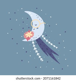 Moon with flowers nursery boho poster. Cute childish element in simple hand-drawn Scandinavian cartoon doodle style. Limited pastel palette ideal for printing childish textiles, clothing