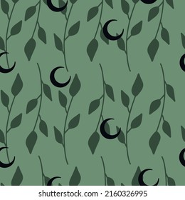 moon and flowers seamless pattern on green background