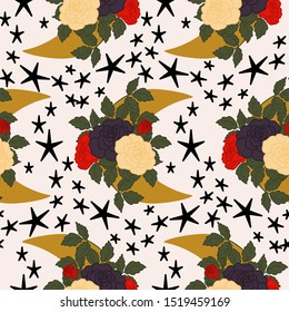 Moon, flowers and stars in a seamless pattern design, perfect to use on the web or in print for surface design