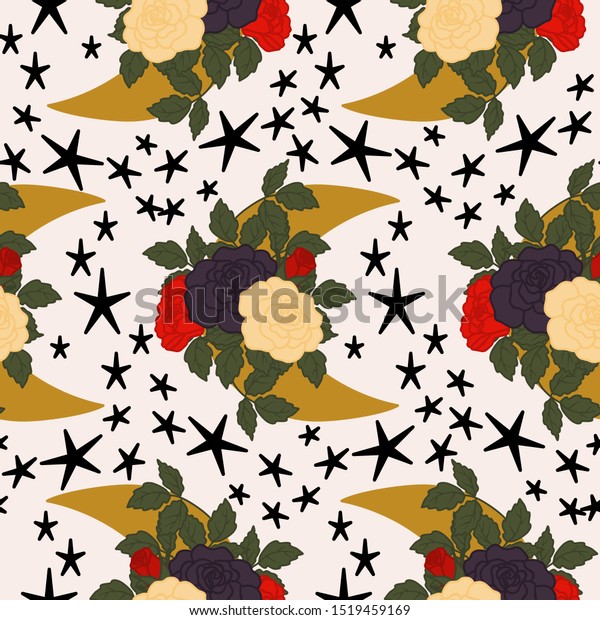 Moon, flowers and\
stars in a seamless pattern design, perfect to use on the web or in\
print for surface design