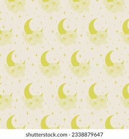Moon with flowers and stars yellow seamless pattern