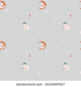 moon and flowers vector pattern