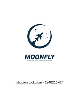 Moon fly tour and travel agency logo with moon and plane silhouette icon symbol illustration