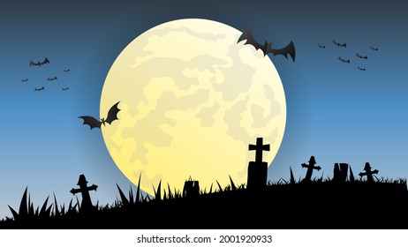 ฺBats and moon in forest cemetery at night happy halloween on orange background, vector illustration EPS 10