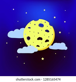 the moon in the form of cheese next to the clouds and stars on blue background