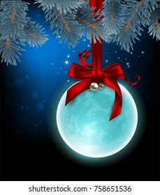 the moon in the form of the Christmas ball on the background of night sky. Highly realistic illustration.