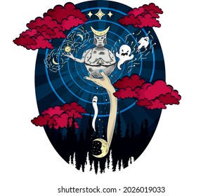 The moon in the form of a king holding smaller moons on a blue background among red clouds