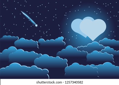 Moon in form of two hearts, comet, starry night sky and clouds of blue with illumination