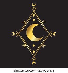Moon Frame Mystical. Mandala Lotus logo. Vector Illustration. Minimal Line art Style. Boho, Esoteric, Yoga. Bohemian Logo Designs.