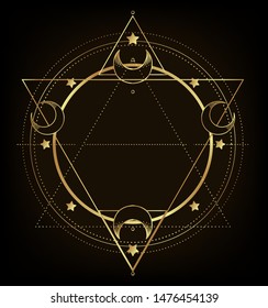 Moon frame. Sacred Geometry. Ayurveda symbol of harmony and balance, and universe. Tattoo flesh design, yoga logo. Boho print, poster, t-shirt textile. Anti stress book. Gold gradient over black. 