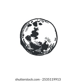 Moon, full moon disk hand drawn with ink and transferred to vector. Halloween illustration. Suitable for printing in astronomy books, magazines, for postcards and invitations.
