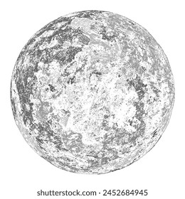Moon full lunar surface with detailed crater texture and realistic topography. Celestial sphere showing astronomical formation in monochrome gray white design. Space science vector illustration isolated on white