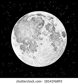 Moon full phase, illustration sketch style, full moon image on the background of the starry sky. Hand drawn vector illustration.