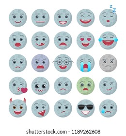 Moon funny emoticons isolated set. Angry, joy, love, romantic, laugh, happy and sad earth satellite emoji symbols. Social communication and chatting vector elements. Smile face with facial expression