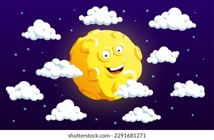 The Moon with a funny face among clouds and stars - vector illustration in a cartoon style