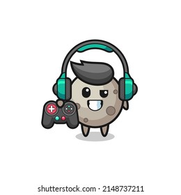 moon gamer mascot holding a game controller , cute design