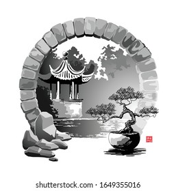 Moon Gate. Entrance to the garden with a pagoda. Vector illustration in traditional oriental style. Hieroglyphs - Harmony, Peace of mind.
