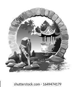 Moon Gate. A gateway to a Japanese garden. Vector illustration in traditional oriental style.