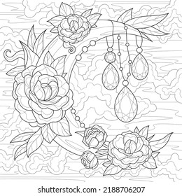 Moon with gems and flowers.Coloring book antistress for children and adults. Illustration isolated on white background.Zen-tangle style. Hand draw