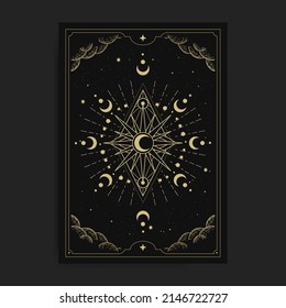 Geometría lunar en grabado, dibujado a mano, lujoso, esotérico, estilo boho, apto para espiritualistas, religiosos, paranormales, lector de tarot, astrólogo o tatuaje