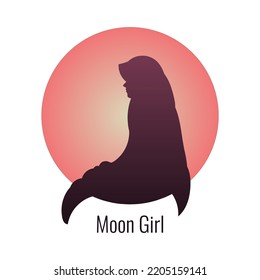 Moon Girl Logo Vector. Purple Silhouette Illustration Of Hijab Girl Sitting In Front Of Super Blood Moon. Islamic Icon Concept In Trendy Design Style. Suitable For Various Purposes.