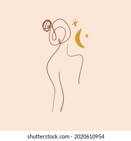 La meditación de la luna chica, el dibujo de la mujer de la línea de arte.