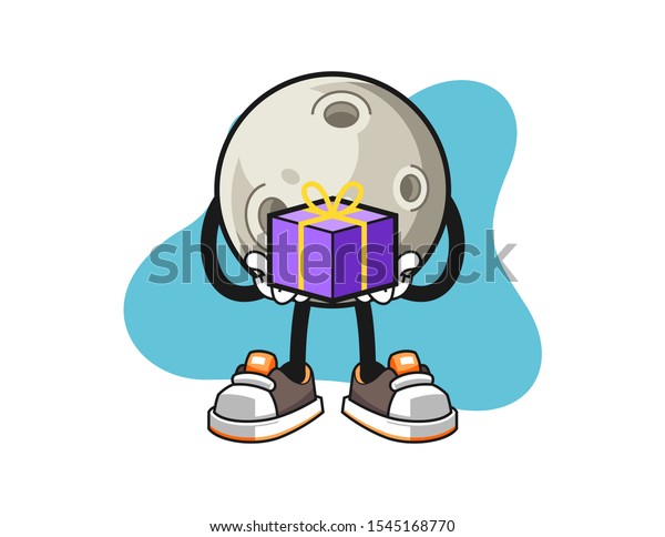 Moon gives\
a gift cartoon. Mascot Character\
vector.