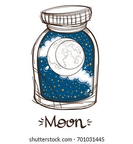 Moon in a glass jar. The planet of the solar system in a glass bowl on a stand. Illustration for design on the astrology, astronomy, spirituality.