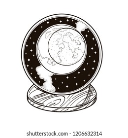 Moon in a glass magic ball. Outline vector illustration isolated on white background for coloring, engraving and much more.