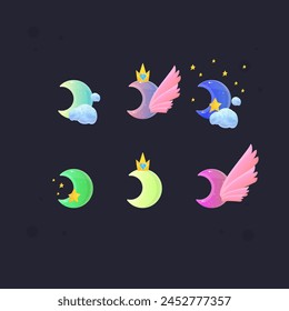 Moon Glossy Kawaii Cute Set Game Icon Badge Set Sub Bit Badges Streamer Graphics Games Wings Emblem Twitch Game Icon Badge Isolated Vector Design