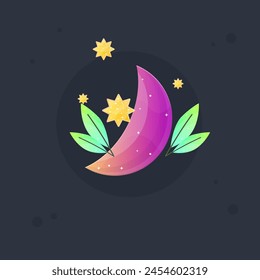 Moon Glossy Yellow Pink Purple  Game Icon Badge With Green Branches And Stars  Isolated Vector Design