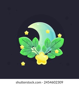 Moon Glossy Yellow Turquoise Game Icon Badge With Green Branches And Stars Isolated Vector Design