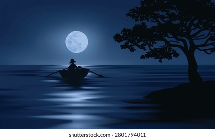 Moon glows above calm, dark water. Silhouette of lone figure rows small boat. Tree stands tall on quiet shore. Night air feels peaceful, serene, and still. Ideal for quiet moments, reflection