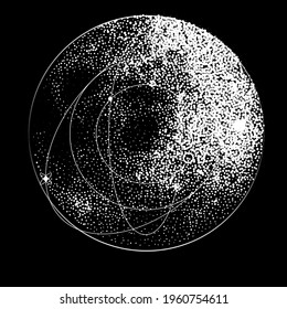 The moon glows in the dark black sky. Vector illustration in dotwork style.