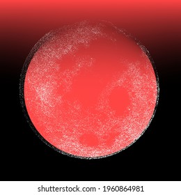 The moon glows in the dark black sky. Vector illustration in dotwork style.