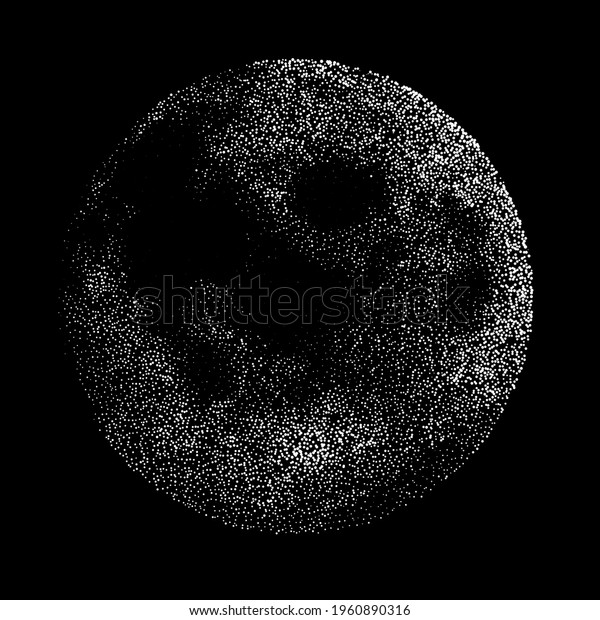 The moon glows in the dark black sky. Vector\
illustration in dotwork\
style.
