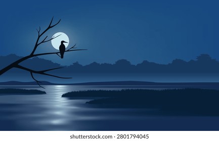 Moon glows softly over calm, dark waters. Trees stand still, silhouetted against deep blue sky. River flows gently, reflecting moon's serene light. Stillness speaks of peace, quiet, and solitude