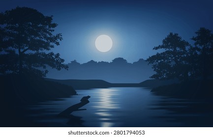 Moon glows softly over calm, dark waters. Trees stand still, silhouetted against deep blue sky. River flows gently, reflecting moon's serene light. Stillness speaks of peace, quiet, and solitude