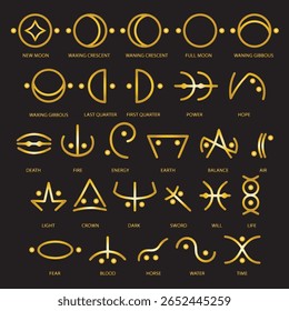 Glifo da Lua, Símbolos Celestiais Místicos, Sinais mágicos. Glifos da Lua são símbolos mágicos usados para conectar com a natureza. Símbolos de linguagem clara no fundo cósmico.