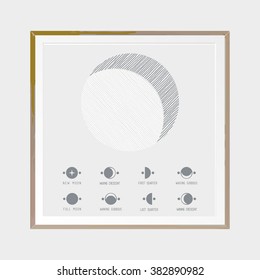 Moon glyphs. Abstract poster in gray. Wooden square thin frame. Scandinavian style. Hand drawn ink textures. Stock vector.

