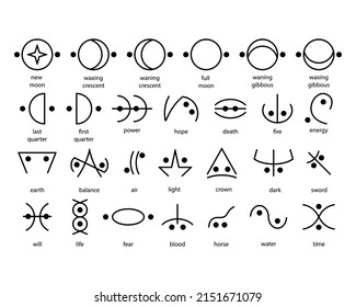 Moon glyphs, magic and mystical signs. Witches symbols. Occult, esoteric, divination and wicca concept