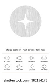 Moon glyphs. New moon. Line. Sacred geometry. Design - the art of tattooing - logos - corporate identity - poster - badge. Hand drawn texture. Dark grey background.
