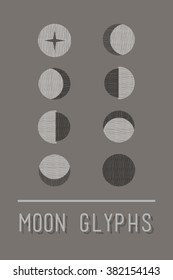 Moon glyphs. Sacred geometry. Design - the art of tattooing - logos - corporate identity - poster - badge. Hand drawn texture. Dark grey background.
