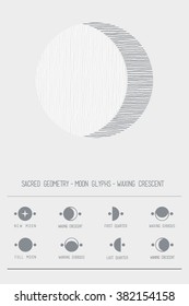 Moon glyphs. Waxing crescent. Sacred geometry. Design - the art of tattooing - logos - corporate identity - poster - badge. Hand drawn texture. Light grey background.
