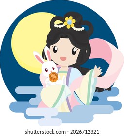 Moon Goddess Holding White Rabbit with Moon Cake